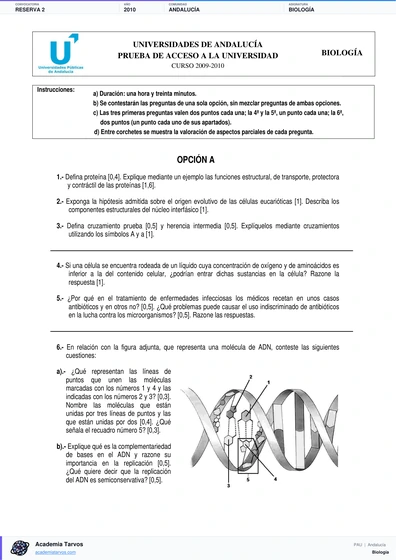 Vista previa de Examen PAU de Biología de Andalucía 2010 – Reserva 2