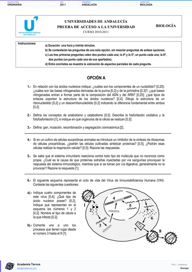Vista previa de Examen PAU de Biología de Andalucía 2011 – Ordinaria