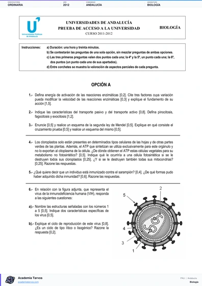 Vista previa de Examen PAU de Biología de Andalucía 2012 – Ordinaria