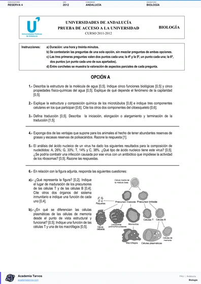 Vista previa de Examen PAU de Biología de Andalucía 2012 – Reserva 4