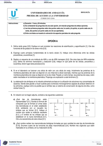 Vista previa de Examen PAU de Biología de Andalucía 2016 – Ordinaria