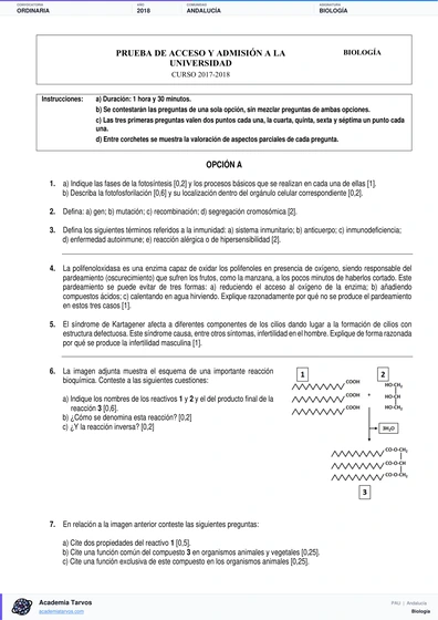Vista previa de Examen PAU de Biología de Andalucía 2018 – Ordinaria
