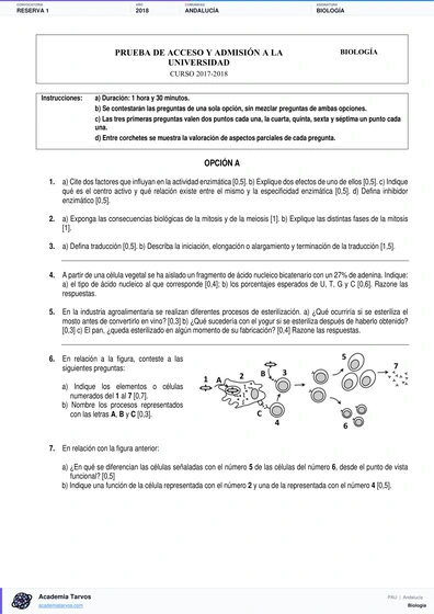 Vista previa de Examen PAU de Biología de Andalucía 2018 – Reserva 1