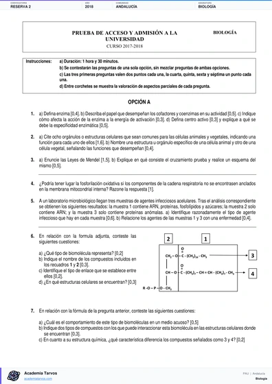 Vista previa de Examen PAU de Biología de Andalucía 2018 – Reserva 2