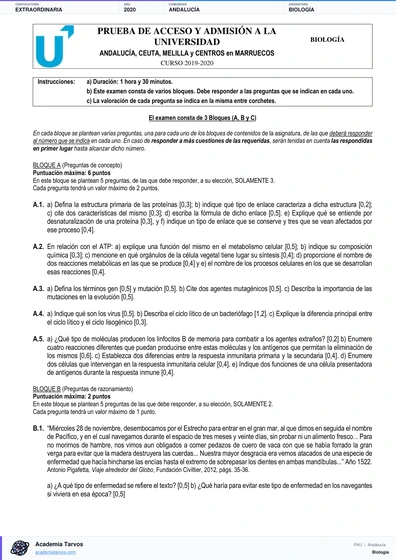 Vista previa de Examen PAU de Biología de Andalucía 2020 – Extraordinaria