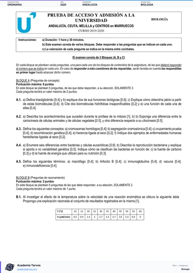 Vista previa de Examen PAU de Biología de Andalucía 2020 – Ordinaria