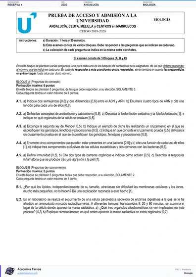 Vista previa de Examen PAU de Biología de Andalucía 2020 – Reserva 1