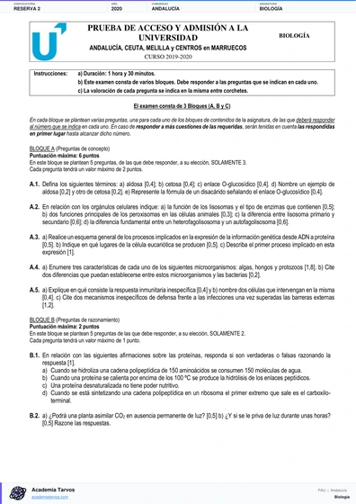Vista previa de Examen PAU de Biología de Andalucía 2020 – Reserva 2