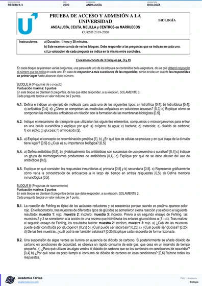 Vista previa de Examen PAU de Biología de Andalucía 2020 – Reserva 3