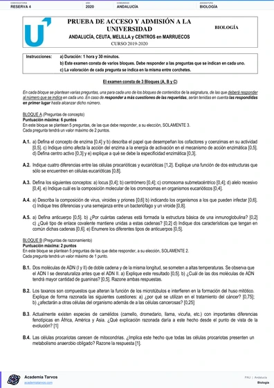 Vista previa de Examen PAU de Biología de Andalucía 2020 – Reserva 4