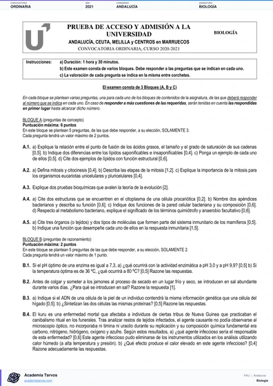 Vista previa de Examen PAU de Biología de Andalucía 2021 – Ordinaria