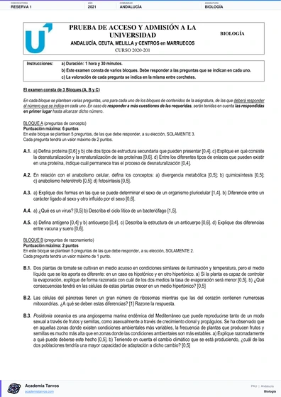 Vista previa de Examen PAU de Biología de Andalucía 2021 – Reserva 1