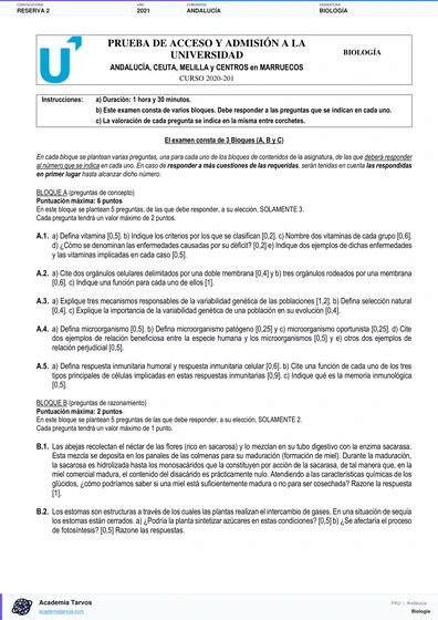Vista previa de Examen PAU de Biología de Andalucía 2021 – Reserva 2