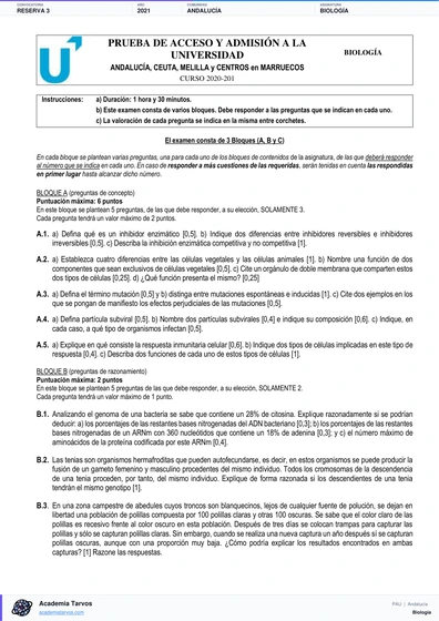 Vista previa de Examen PAU de Biología de Andalucía 2021 – Reserva 3