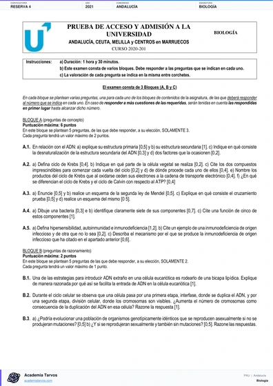 Vista previa de Examen PAU de Biología de Andalucía 2021 – Reserva 4