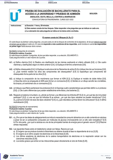 Vista previa de Examen PAU de Biología de Andalucía 2022 – Extraordinaria