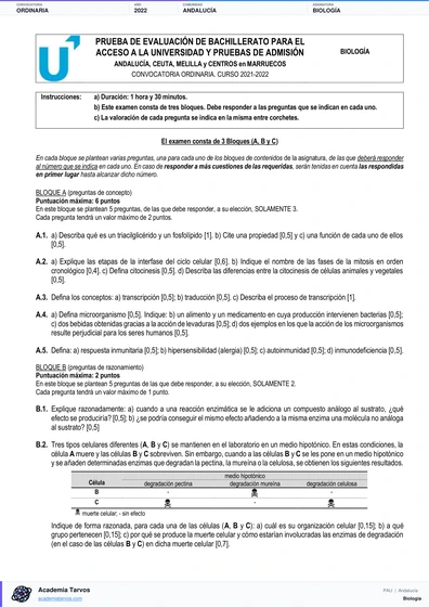 Vista previa de Examen PAU de Biología de Andalucía 2022 – Ordinaria