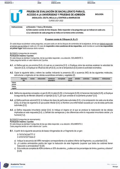 Vista previa de Examen PAU de Biología de Andalucía 2022 – Reserva 1