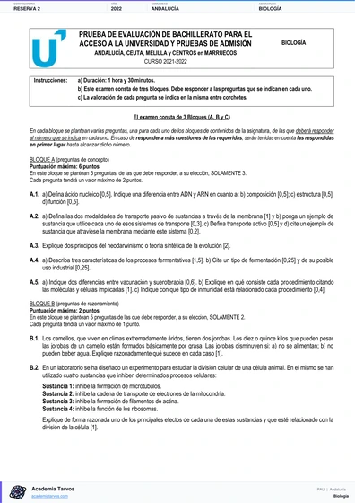 Vista previa de Examen PAU de Biología de Andalucía 2022 – Reserva 2