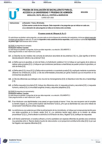 Vista previa de Examen PAU de Biología de Andalucía 2022 – Reserva 3