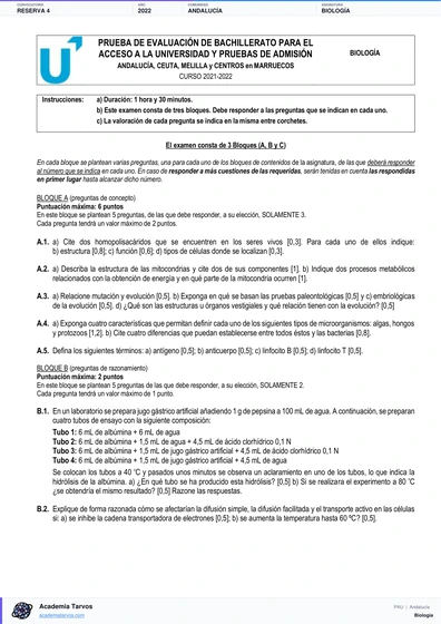 Vista previa de Examen PAU de Biología de Andalucía 2022 – Reserva 4
