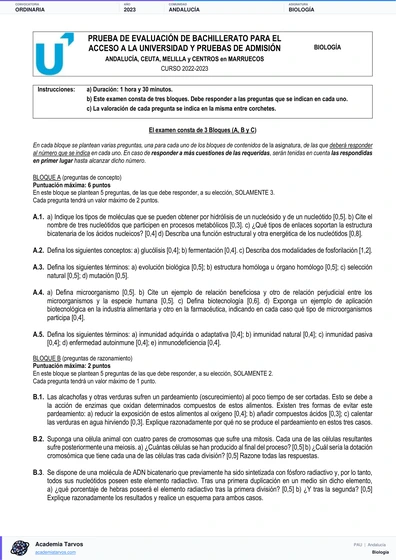 Vista previa de Examen PAU de Biología de Andalucía 2023 – Ordinaria