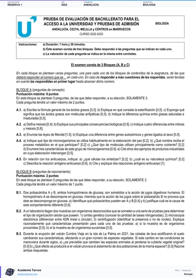Vista previa de Examen PAU de Biología de Andalucía 2023 – Reserva 1
