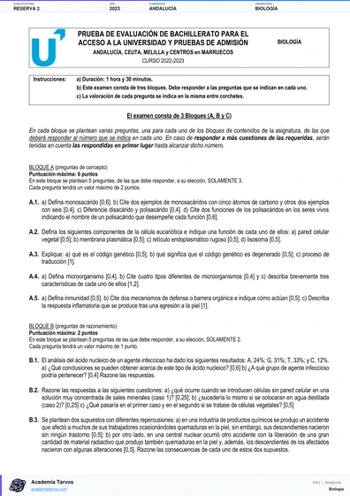 Vista previa de Examen PAU de Biología de Andalucía 2023 – Reserva 2
