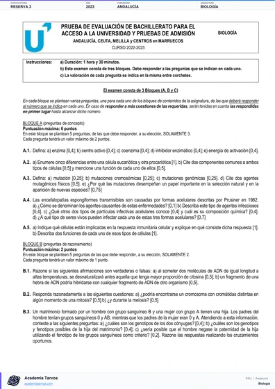 Vista previa de Examen PAU de Biología de Andalucía 2023 – Reserva 3