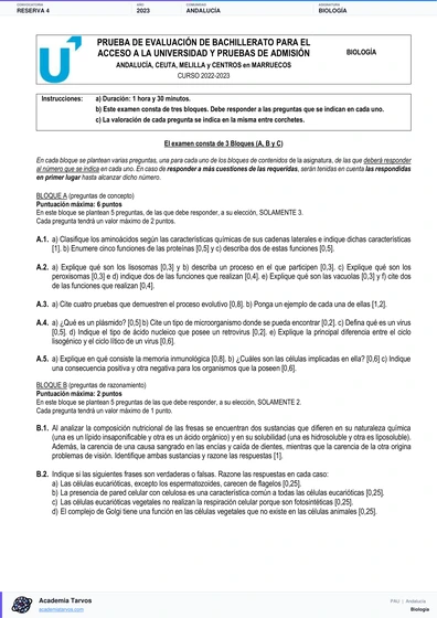 Vista previa de Examen PAU de Biología de Andalucía 2023 – Reserva 4