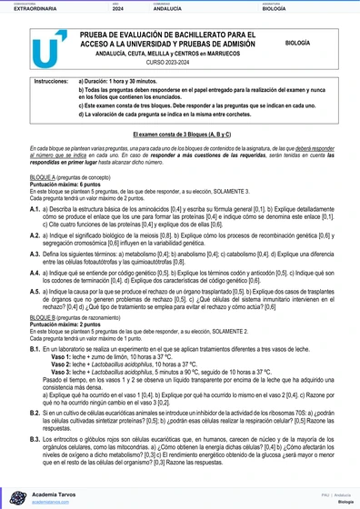 Vista previa de Examen PAU de Biología de Andalucía 2024 – Extraordinaria