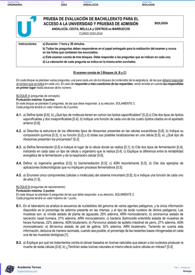 Vista previa de Examen PAU de Biología de Andalucía 2024 – Ordinaria