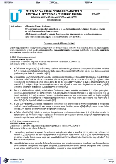 Vista previa de Examen PAU de Biología de Andalucía 2024 – Reserva 1