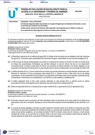Vista previa de Examen PAU de Biología de Andalucía 2024 – Reserva 2