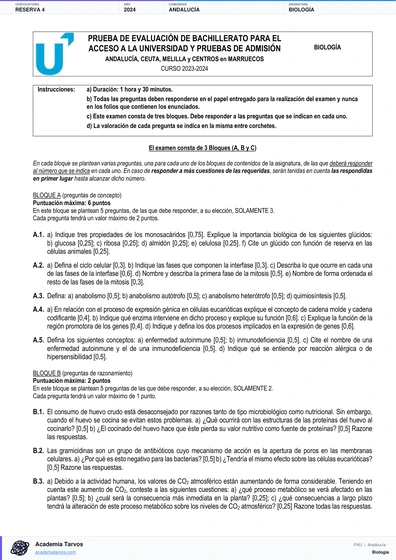 Vista previa de Examen PAU de Biología de Andalucía 2024 – Reserva 4