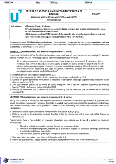 Vista previa de Examen PAU de Biología de Andalucía 2026 – Ordinaria