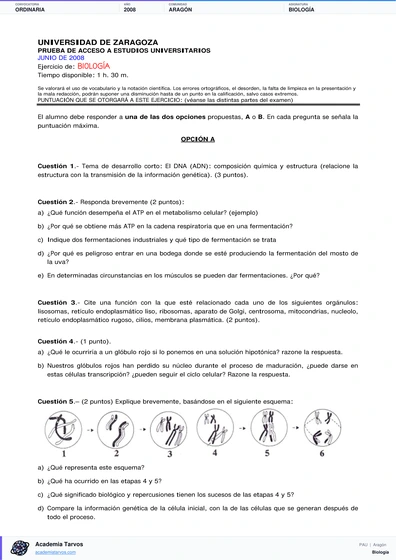 Vista previa de Examen PAU de Biología de Aragón 2008 – Ordinaria