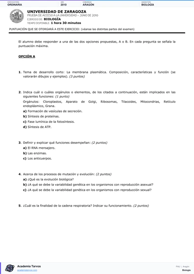 Vista previa de Examen PAU de Biología de Aragón 2010 – Ordinaria