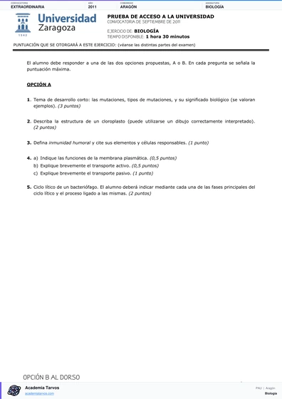 Vista previa de Examen PAU de Biología de Aragón 2011 – Extraordinaria