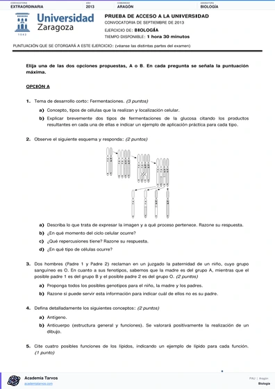 Vista previa de Examen PAU de Biología de Aragón 2013 – Extraordinaria