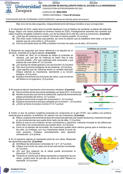 Vista previa de Examen PAU de Biología de Aragón 2024 – Extraordinaria