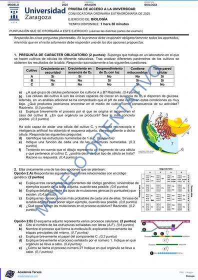 Vista previa de Modelo PAU de Biología de Aragón 2025
