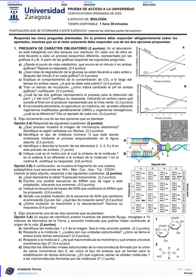 Vista previa de Examen PAU de Biología de Aragón 2025 – Ordinaria