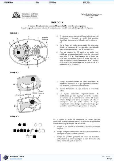 Vista previa de Examen PAU de Biología de Asturias 2000 – Ordinaria