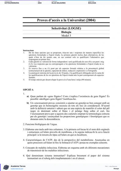 Vista previa de Examen PAU de Biología de Illes Balears 2004 – Extraordinaria