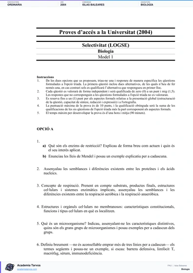 Vista previa de Examen PAU de Biología de Illes Balears 2004 – Ordinaria