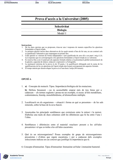 Vista previa de Examen PAU de Biología de Illes Balears 2005 – Extraordinaria