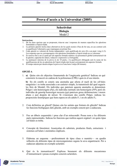 Vista previa de Examen PAU de Biología de Illes Balears 2005 – Ordinaria