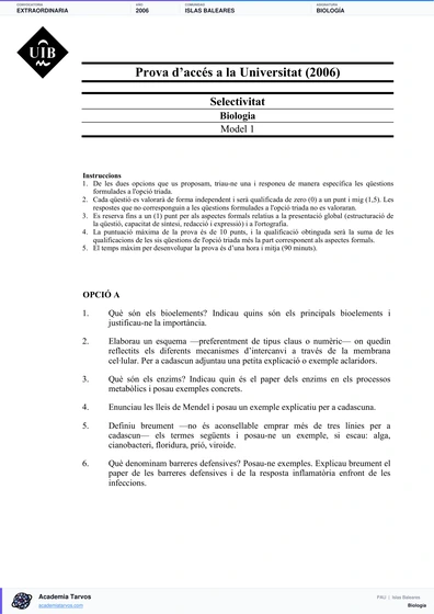 Vista previa de Examen PAU de Biología de Illes Balears 2006 – Extraordinaria
