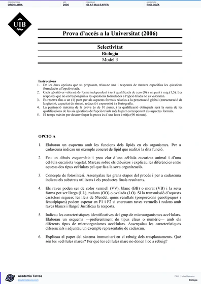 Vista previa de Examen PAU de Biología de Illes Balears 2006 – Ordinaria